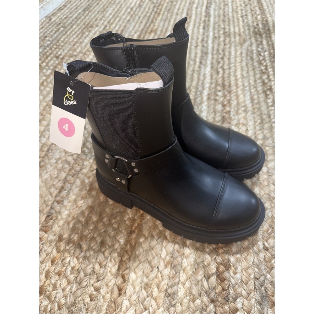 Art Class Girls Black Crosby Boots Moto Faux Leather Boots Size 4